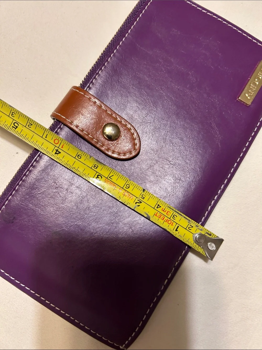 Purple Leather Zip Wallet with Brown Snap Strap